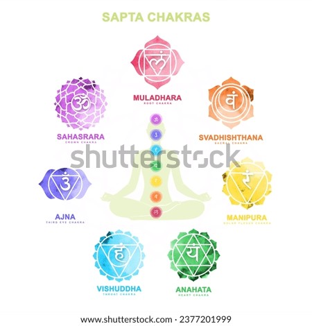 sapta chakra with meditation human pose Illustration, Les Sept Chakras, spiritual practices and meditation [[stock_photo]] © 