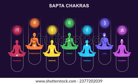 sapta chakra with meditation human pose Illustration, Les Sept Chakras, spiritual practices and meditation [[stock_photo]] © 