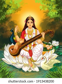 Saraswati devi Goddess, Happy Vasant Panchami Indian festival, Goddess Maa Saraswati, Indian God
