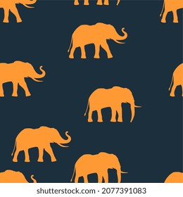 Sarcastic Seamless Pattern Multiple Elephant Trunk Up And Walking Yellow Animals On Dark Blue, Animal Elephant Pattern. Esthetic Artwork With Strong Color. Artwork For Banner