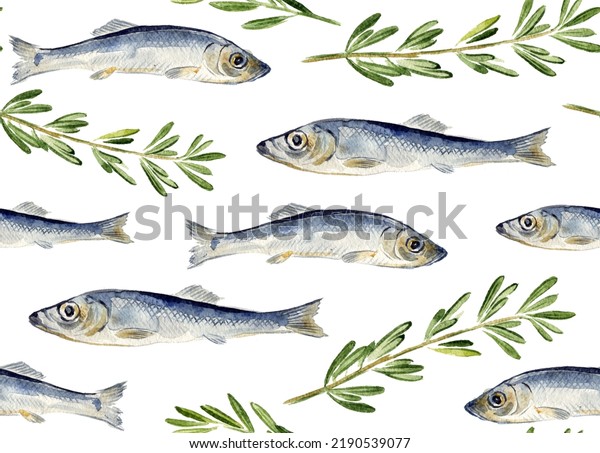 Sardines fish with rosemary isolated on white background. Marine food fish. Seamless pattern. Hand drawn watercolor drawing illustration. For wrapping, wallpaper, fabric texture.