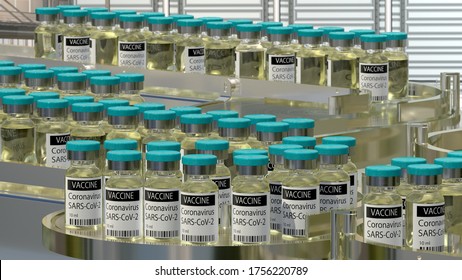 Sars-cov-2 Coronavirus Vaccine On A Production Line In A Pharmaceutical Factory. 3D Illustration.