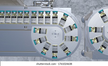 Sars-cov-2 Coronavirus Vaccine On A Production Line In A Pharmaceutical Factory. 3D Illustration.