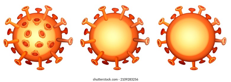 SARS-CoV-2 Round Logo In 3 Versions. Influenza Virus Icon. Orange Coronavirus Isolated Illustration. Sars Virion Circle Symbol On White Background. Flu Pandemic Image. Covid-19 Virus Particle.