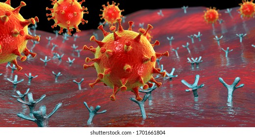 SARS-CoV-2 Viruses Binding To ACE-2 Receptors On A Human Cell, The Initial Stage Of COVID-19 Infection, Conceptual 3D Illustration