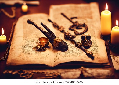 Satanic Or Gothic Instruments And Accessories On An Open Book, Illustration 3D
