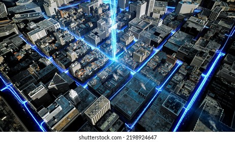 Satelite Data Signal At Digital City Junction Optical Aerial Shot At Dusk High Speed Communication Cloud Computing Downtown Financial District