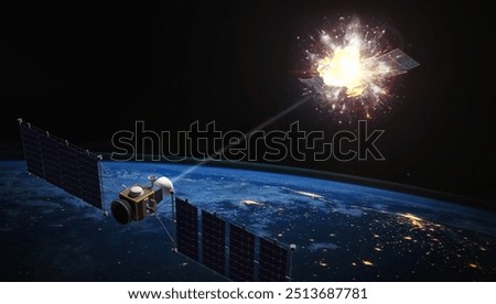 Satellite attacks another satellite with laser weapon. War in space. 3d rendering  image. Elements of this image furnished by NASA.