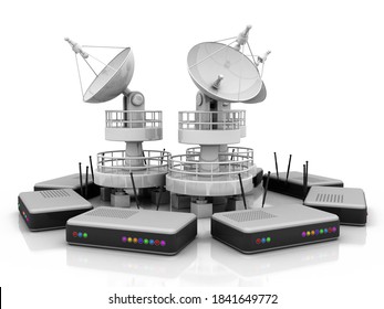 Satellite Dish And Spaceship With Wifi Modem, 3d Rendering
