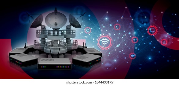 Satellite Dish And Spaceship With Wifi Modem, 3d Rendering