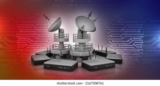 Satellite Dish And Spaceship With Wifi Modem, 3d Rendering
