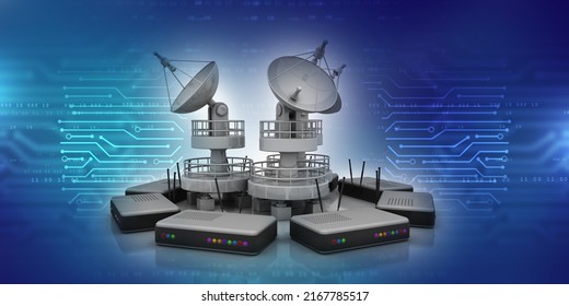 Satellite Dish And Spaceship With Wifi Modem, 3d Rendering
