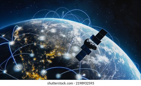 Satellite Flying Over Earth As Seen From The Space, Planet Is Covered By Digitalization Network Sharing Rays Of Information Between Countries. Global Data Grid Connecting Whole World. 3D VFX Rendering