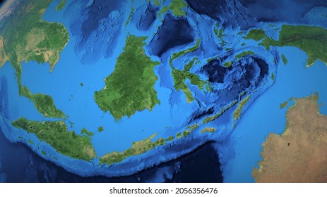 Satellite Image Of Indonesia, From Space. It Show Indonesia, Malaysia, Thailand, Cambodia, Vietnam, Timor Leste, Small Part Of Australia. Suitable For Background.