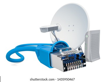 Satellite Internet Access Concept. Communication Satellite Dish With Satellite Modem And Satellite. 3D Rendering Isolated On White Background