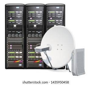 Satellite Internet Access Concept. Computer Server Racks With Communication Satellite Dish And Satellite Modem, 3D Rendering