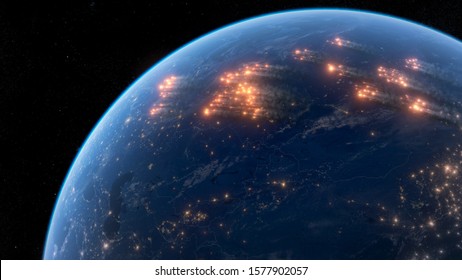 Satellite Night View Of Forest Fires And Smokes In Siberian Taiga. Vast Wildfires Burning In Remote Siberia. Climate Emergency. Massive Wildfire Rips Through Parts Of The Russian Siberia.