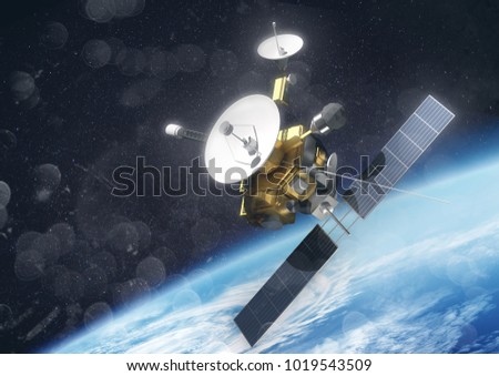 A satellite probe in space orbiting planet earth. 3D Illustration.
