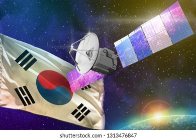 Satellite With Republic Of Korea (South Korea) Flag, Space Communications Technology Concept - 3D Illustration