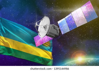 Satellite With Rwanda Flag, Space Communications Technology Concept - 3D Illustration