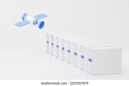 Satellite sends a signal to the computer machine, 3d rendering. Digital drawing.