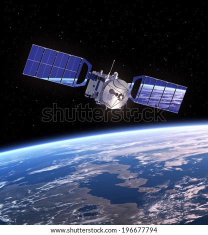 Satellite In Space. 3D Scene. Elements Of This Image Furnished By NASA. 