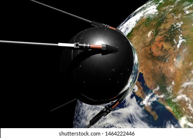 Satellite Sputnik 1 In Space Against The Earth. 3d Rendering.