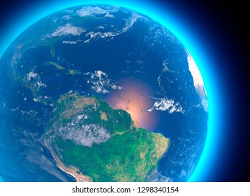 Satellite View Of The Amazon, Map, States Of South America, Reliefs And Plains, Physical Map. Forest Deforestation. 3d Rendering. Element Of This Image Is Furnished By NASA