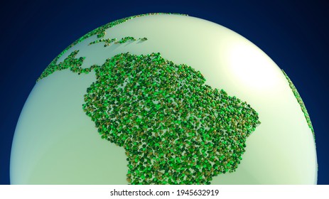 Satellite View Of The Amazon Rainforest, Map, States Of South America. Forest Deforestation. Climate Change And Global Warming. Abstract Map, Circles And Sphere, Concept. 3d Render