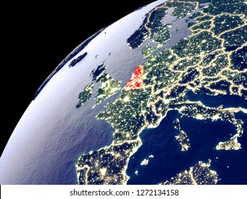 Satellite View Of Benelux Union On Earth With City Lights. Extremely Detailed Plastic Planet Surface With Real Mountains. 3D Illustration. Elements Of This Image Furnished By NASA.