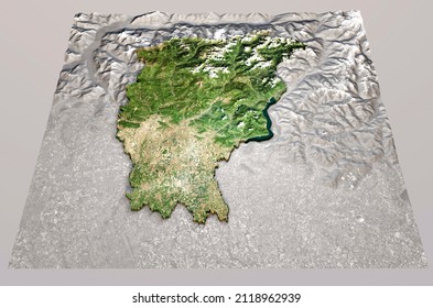 Satellite view of the Bergamo province, Lombardia region. Italy. 3d rendering. Physical map, plains, mountains, lakes, mountain range. Element of this image is furnished by Nasa
