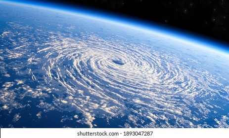 Satellite view of the eye of the storm, tropical storm. Formation of hurricanes. Atmospheric pressure. Meteorology. Climate change and global warming. Destructive air vortex. 3d render. Typhoon
