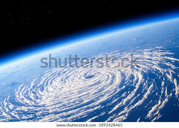 Satellite view of the eye of the storm, tropical\
storm. Formation of hurricanes. Atmospheric pressure. Meteorology.\
Climate change and global warming. Destructive air vortex. 3d\
render.\
Typhoon