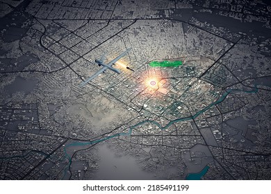 Satellite View Of Kabul. U.S. Drone Strike Kills Ayman Al-Zawahri, Top Qaeda Leader. Afghanistan. Drone With Missile, Military Target. 3d Rendering. 08-02-2022