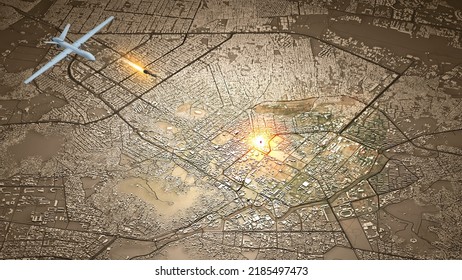 Satellite View Of Kabul. U.S. Drone Strike Kills Ayman Al-Zawahri, Top Qaeda Leader. Afghanistan. Drone With Missile, Military Target. 02-08-2022. 3d Rendering