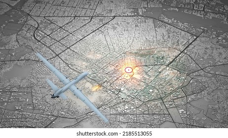 Satellite View Of Kabul. U.S. Drone Strike Kills Ayman Al-Zawahri, Top Qaeda Leader. Afghanistan. Drone With Missile, Military Target. 08-02-2022. 3d Rendering