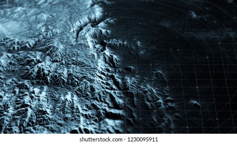 Satellite View Of Land, War Operations, Sci-fi, Night Vision With Blue Hues. Military Target. Drone Flying Over An Area. Undercover Operation. Mountain Reliefs And Plains. New Planet. 3d Rendering