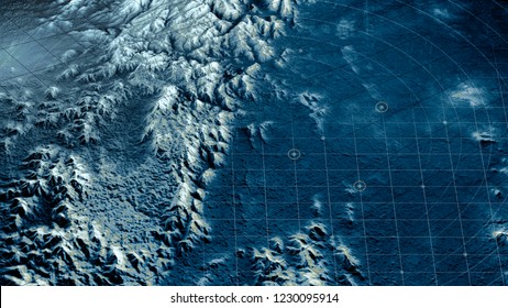 Satellite View Of Land, War Operations, Sci-fi, Night Vision With Blue Hues. Military Target. Drone Flying Over An Area. Undercover Operation. Mountain Reliefs And Plains. New Planet. 3d Rendering