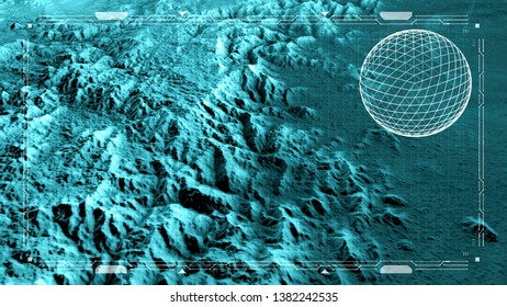 Satellite View Of Land, War Operations, Sci-fi, Night Vision With Blue Hues. Military Target. Drone Flying Over An Area. Military Operation. Undercover Operation. Mountain Reliefs And Plains. Hud.