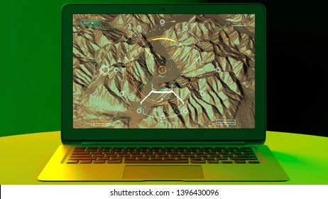 Satellite View Of Land, War Operations, Sci-fi, Night Vision. Military Target. Drone Flying Over An Area. Military Operation. Undercover Operation. Mountain Reliefs And Plains. Hud. Laptop. 3d Render