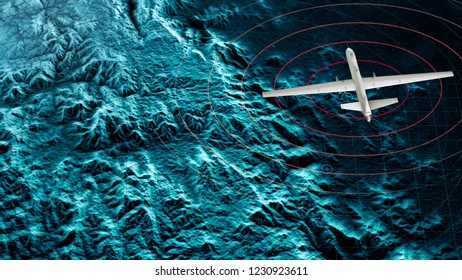 Satellite View Of A Military Drone Flying Over A War Zone, War Operations, Night Vision. Military Target. Undercover Operation. Mountain Reliefs And Plains, 3d Rendering