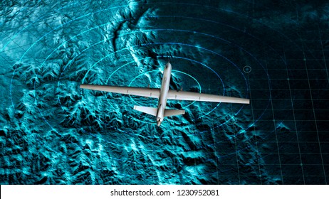 Satellite View Of A Military Drone Flying Over A War Zone, War Operations, Night Vision. Military Target. Undercover Operation. Mountain Reliefs And Plains, 3d Rendering