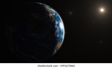 Satellite View Of Planet Earth Illustration. Day And Night On Planet Earth As Seen From Space Aircraft Point Of View. 3D Rendering. Footage Available.