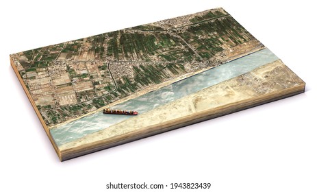 Satellite View Of The Suez Canal. Reconstruction Of The Container Ship Stranded In The Canal. Cargo Ship Wedged In Suez Canal Causes Traffic Jam. Egypt. Ever Given. 3d Render