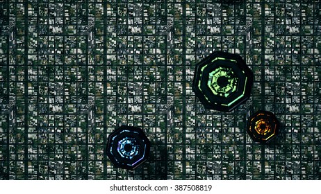 Satellite View of UFO Invasion over Suburban Area 3D Illustration