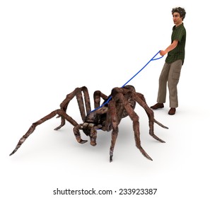 A satirical illustration depicting a man walking a giant wolf spider in that same matter as people walk their dogs.