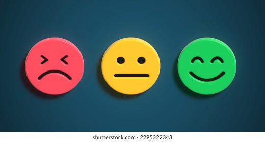 Satisfaction Rating, Sad and Happy Mood Icons, Different mood emoji, Feedback emoji slider, facial expression emojis, Positive review,  Evaluation system, User experience, Ranking, Testimony,3D Render - Powered by Shutterstock