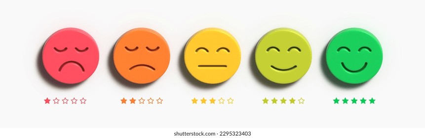 Satisfaction Rating, Sad and Happy Moods, Star Rating, Customer Testimonial, Feedback emoji slider,  facial expression emojis, Positive review,  Evaluation system, User experience, Ranking, 3D Render - Powered by Shutterstock