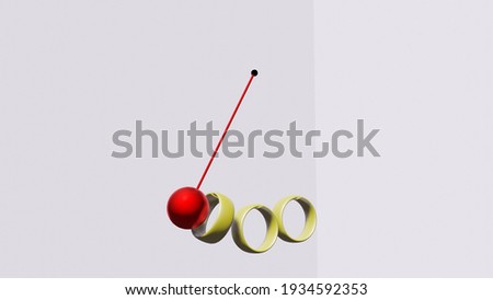 satisfactory red ball pendulum hanging through three golden rings in white background. 3D Rendered