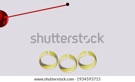 satisfactory red ball pendulum hanging through three golden rings in white background. 3D Rendered